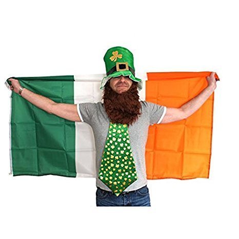 Leprechaun Hat With Beard, Giant Shamrock Tie & 5'x3' (ft) Irish Flag